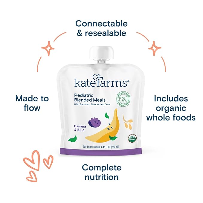 KATE FARMS Organic Pediatric Blended Meal Bananas and Blueberries 8g protein organic whole foods oral or tube feed nutrition Gluten Free Non-GMO 8.45 oz (12 Pack)