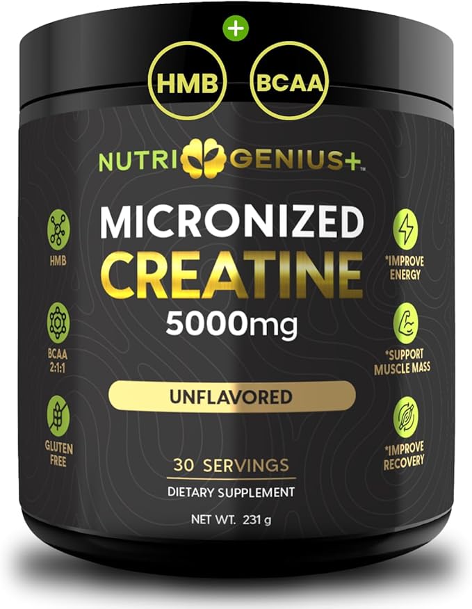 Creatine Powder Micronized with BCAAs + HMB Magnesium Malate for Muscle Growth Strength &amp Recovery | Unflavored | 30 Servings (Unflavored)