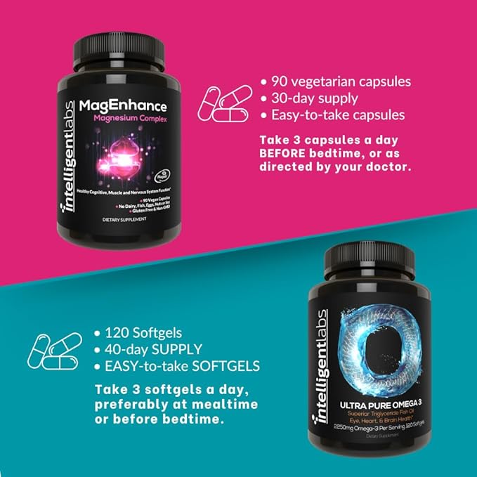 Intelligent Labs 2-in-1 Bundle of MagEnhance Magnesium Complex (Magtein L-Threonate Glycinate and Taurate) and Omega-3 Triglyceride Fish Oil Softgels Supplement (2250mg per Serving)