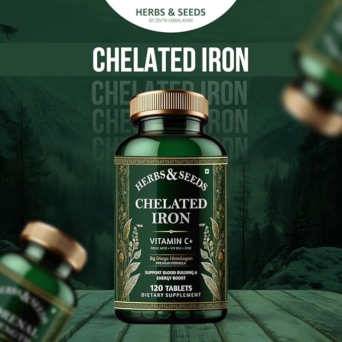 HERBS &amp SEEDS Extra-Strength Chelated Iron Highly Highly-Absorbable Iron Supplement for Women &amp Men 65 mg for Healthy Red Blood Cell Production Gluten-Free Non-GMO Dairy-Free Vegan 120 P
