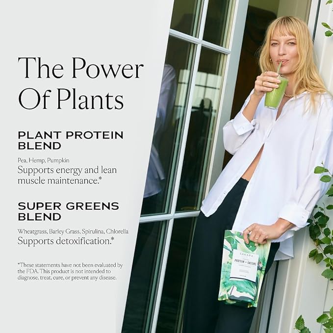 SAKARA Protein + Greens Super Powder – 30 Servings Organic Plant-Based Blend with Hemp Pumpkin Pea Protein Wheatgrass &amp Spirulina Vegan Superfood Drink Mix
