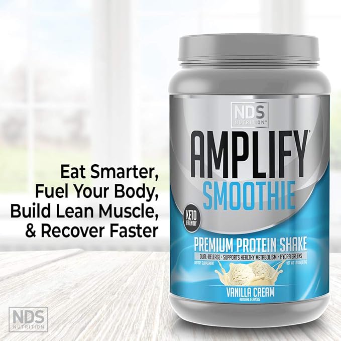 AMPLIFY NDS Nutrition Smoothie Premium Whey Protein Powder Shake with Added Greens and Amino Acids - Build Lean Muscle Gain Strength Lasting Energy and Lose Fat - Vanilla (30 Servings)