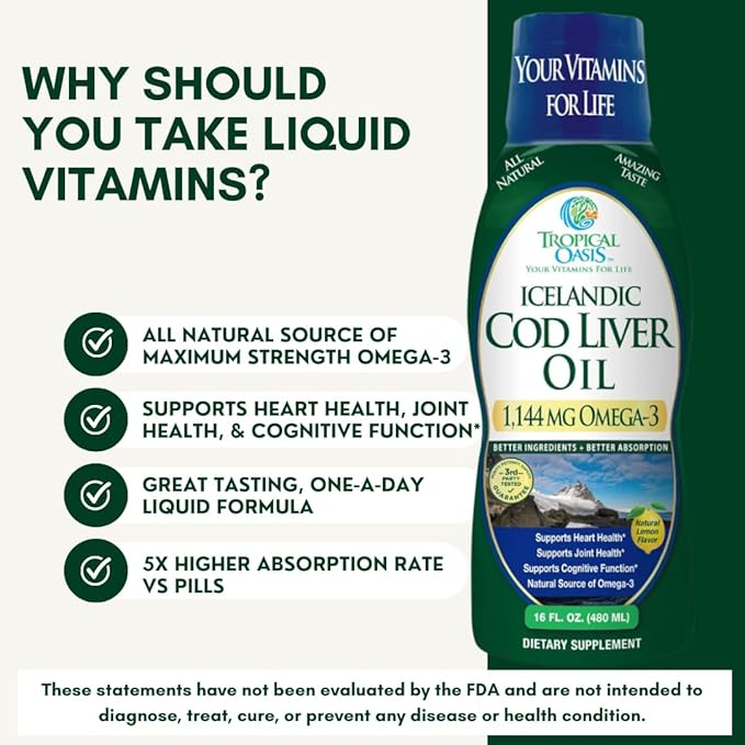 Tropical Oasis - Icelandic Cod Liver Oil | Maximum Strength 1144mg of Liquid Wild-Caught Natural Omega-3 Fish Oil (Lemon Flavor 90 Servings)
