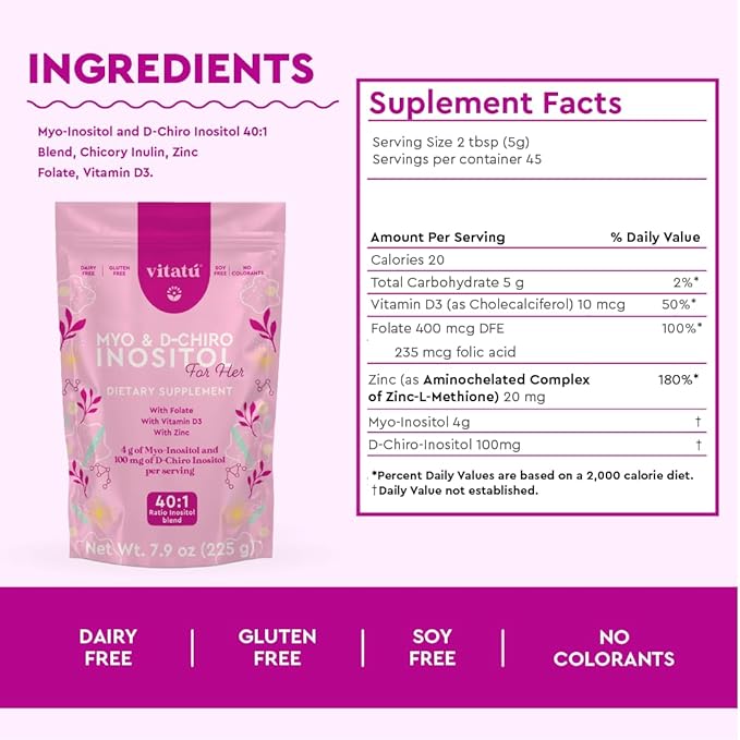 | Myo Inositol (4g) &amp D-Chiro Inositol (1g) Ideal Mix 40:1 | Duration 45 Days | with Folic Acid + Vitamin D3 + Zinc Powdered Dietary Supplement for Women (225 g)