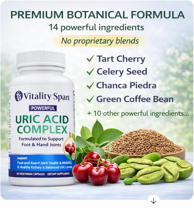 Uric Acid Support Supplement – 14-Ingredient Botanical Complex with Tart Cherry Celery Seed &amp Chanca Piedra – Daily Uric Acid Balance &amp Kidney Support – 60 Vegetarian Capsules