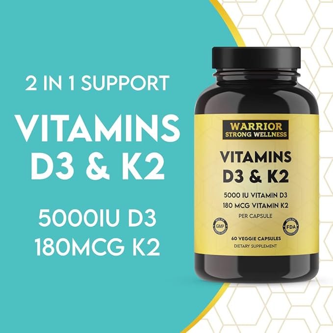 Vitamin D3 and K2 Supplement - 5000IU Vitamin D3 and 180MCG Vitamin K2 Supplement - Immune Heart Health - 2 Month-Supply 60 Veggie Capsules