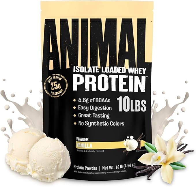 Animal Whey Isolate Protein Powder - Loaded for Pre &amp Post Workout Muscle Builder and Recovery with Digestive Enzymes for Men &amp Women - 25g Protein Great Taste Low Sugar - Vanilla 10 lbs