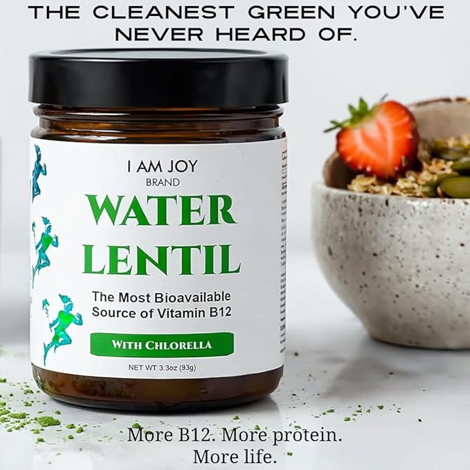 I Am Joy co. Water Lentil Protein Powder with Chlorella Plant Based Vegan Duckweed Rich in Natural B12 Vitamin Non GMO Gluten Free Sugar Free Sustainably Grown 3.3 oz ( 93g) Jar