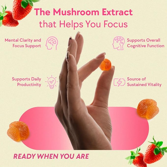LYFE Functional Mushroom Gummies Strawberry Flavor (40 Count) – Lion’s Mane Extract Supplement for Focus Memory &amp Clarity – Plant-Based Gummies for Concentration Mood Balance &amp Daily Wellness