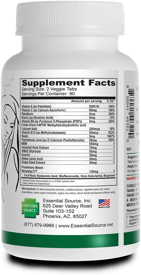 Essential Source Bonita V Vegan Hair Nails and Skin Vitamins for Women - 20 Active Ingredients Including Biotin - Stronger Nails Healthy Skin Hair Growth - 180 EZ-TAB Veggie Tablets