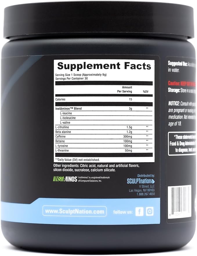 Sculpt Nation by V Shred PreWorkout - Premium Pre Workout Powder with Amino Acids for Ultimate Performance Endurance and Energy Support Blue Raspberry - 30 Servings