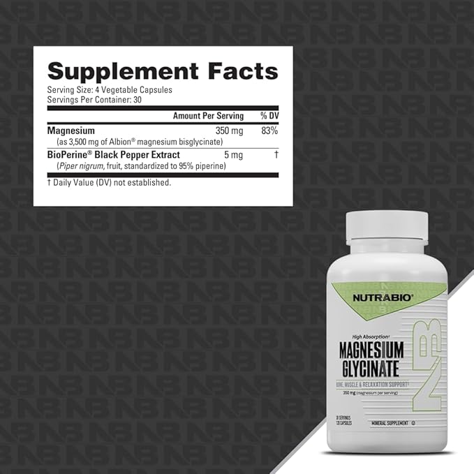 NutraBio Magnesium Glycinate - Pure Magnesium Sleep Supplement Supports Relaxation Heart Health Nerves Muscles and Metabolism - 350 mg - 120 Capsules