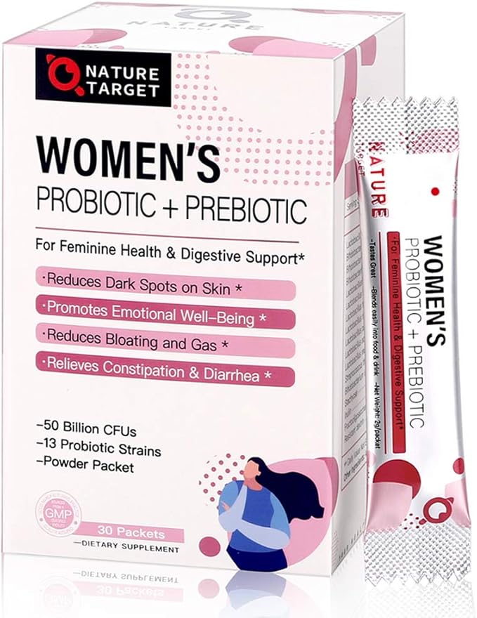 NATURE TARGET Probiotics Powder Supplement for Women &amp CoQ10-200mg with PQQ L-Carnitine &amp Omega-3s High Absorption