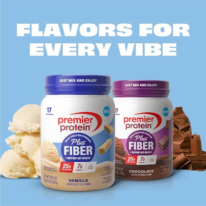 Premier Protein Powder Plus Fiber Vanilla 25g Protein 7g Fiber to Support Gut Health No Added Sugar (17 Servings)