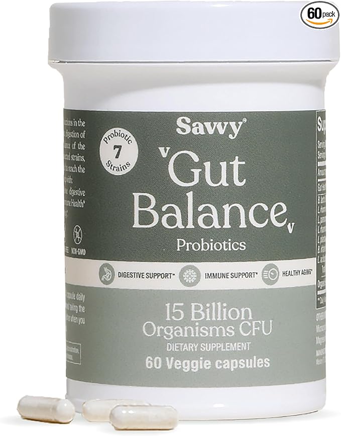 SAVVY Gut Balance Probiotics for Women &amp Men 15 Billion CFU 7 Clinically Studied Strains Digestive Health Immune Support Bloating Relief 60 Vegan Capsules Non GMO Sugar-Free