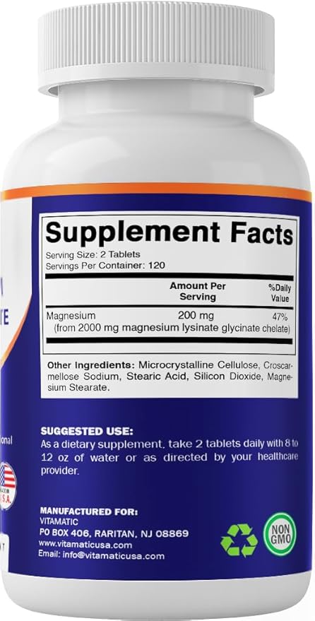 Vitamatic Magnesium as Glycinate Lysinate – 100% Chelated Magnesium - 240 Tablets - Supports Muscle Relaxation Heart Nerve Health* – Non-GMO Gluten &amp Soy Free - 2 Pack