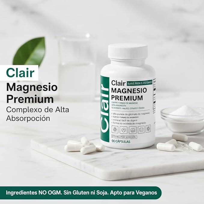 Clair Magnesio PremiumClair MagnesioNon-GMO IngredientsFree from Gluten and Soy. Vegan-Friendly90 Capsules (2pcs)