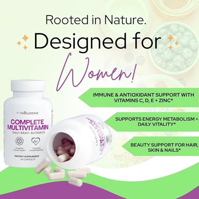 InBloome Women’s Multivitamin Supplement – Daily Multivitamin with Vitamins A C D E &amp B-Complex Biotin + Zinc – Immune &amp Energy Support – 60 Capsules