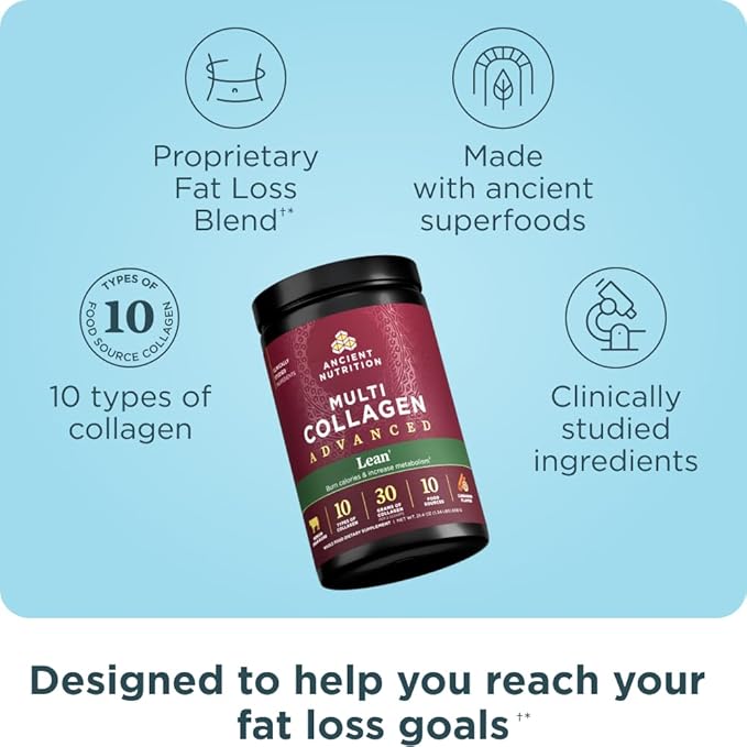 Ancient Nutrition Multi Collagen Advanced Peptides Powder Lean Cinnamon 25 Servings + Grass-fed Whey + Fat Loss Protein Powder Vanilla Cinnamon 18 Servings