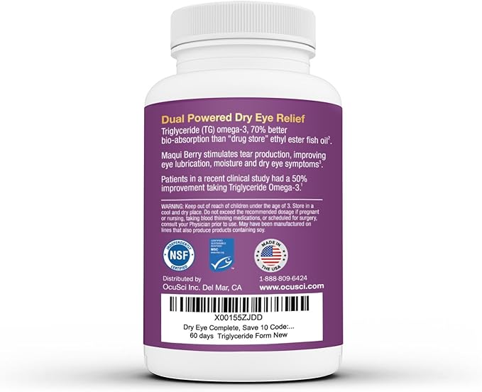 Dry Eye Complete Formulated for Dry Eyes. Ultimate Vision Health Ingredients: Omega-3 Omega-7 Maqui Berry Lutein Vitamin D3 (2 Month Supply)