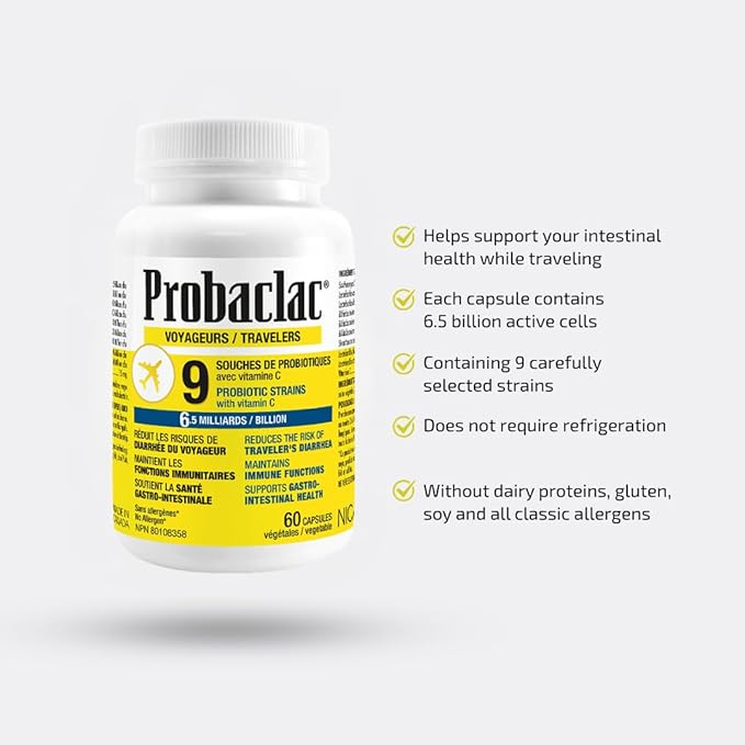Natural Travelers Probiotics Reducing Risk of Diarrhea Contains Vitamin C Immune Support Gluten Free Travel Size Vacation Cruise and Airplane Travel Essentials Vegan 60 Capsules