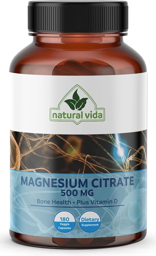 Magnesium Citrate 500mg + Vitamin D 180 Capsules - 12 Months Supply - Easily Absorbed - Muscle Heart &amp Digestive Support - One per Day Non-GMO (2)