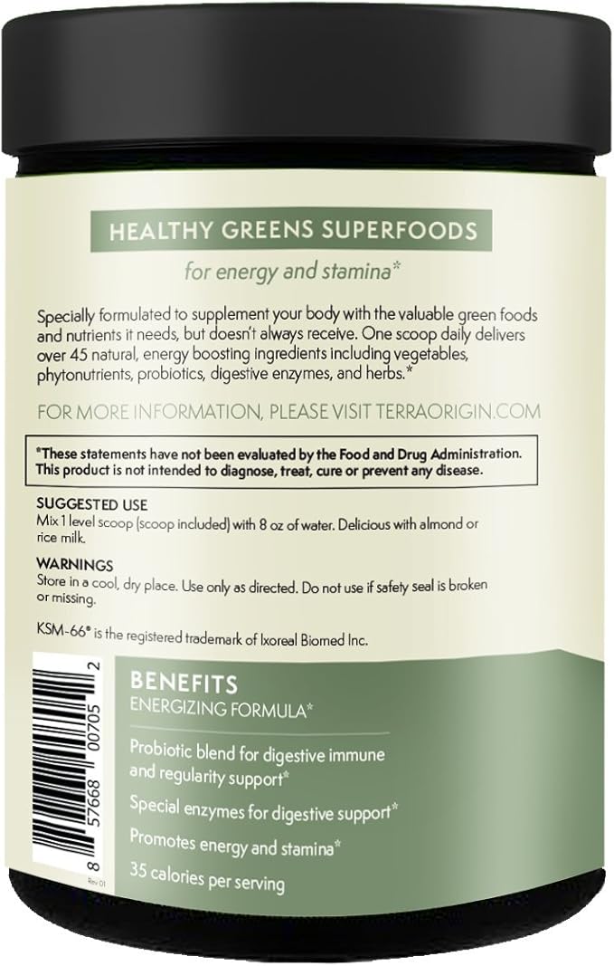 TERRA ORIGIN Healthy Superfood Greens Powder Drink with Probiotics &amp Ashwagandha | Adaptogen &amp Digestive Enzyme Fruit and Veggie Blend | for Gut Health Energy Immune Support* | 30 Servings |