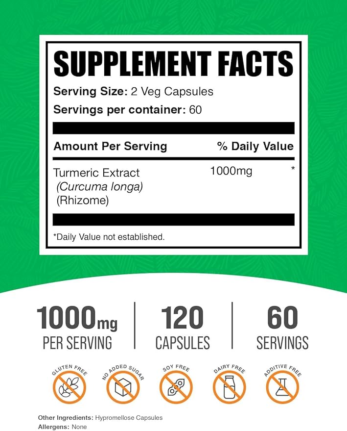 BulkSupplements.com Turmeric Extract Capsules - Turmeric Supplement Turmeric Curcumin Supplement 1000mg - Gluten Free120 Veg Capsules (Pack of 1)