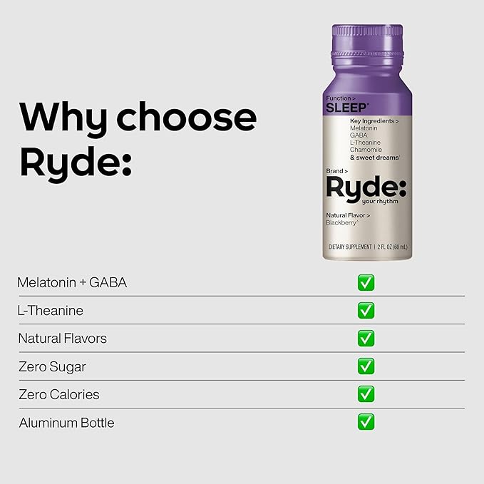 Ryde: SLEEP | 2oz Sleep Shot for Occasional Use | Melatonin GABA L-Theanine &amp Chamomile | Blackberry Natural Flavor | Sugar-Free Zero Calories Vegan | Manufactured in USA (8 Pack)