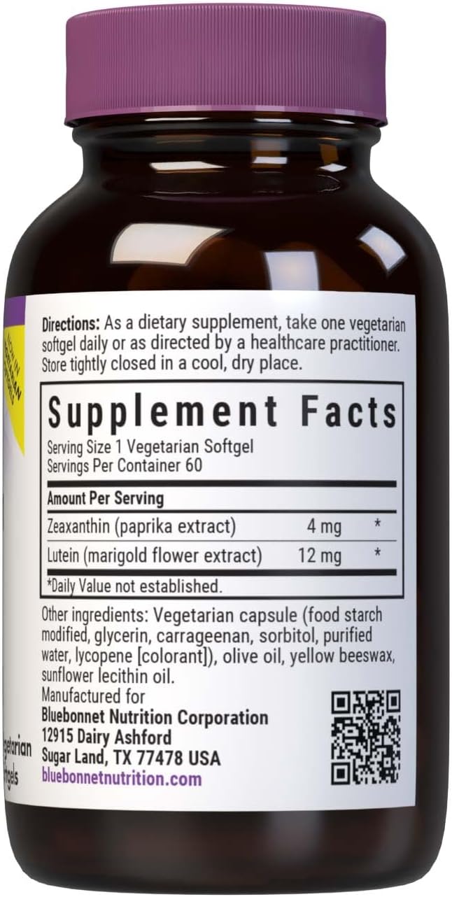 Bluebonnet Nutrition Zeaxanthin &amp Lutein Eye Health* Gluten-Free Dairy-Free 60 Vegetarian Softgels 60 Servings
