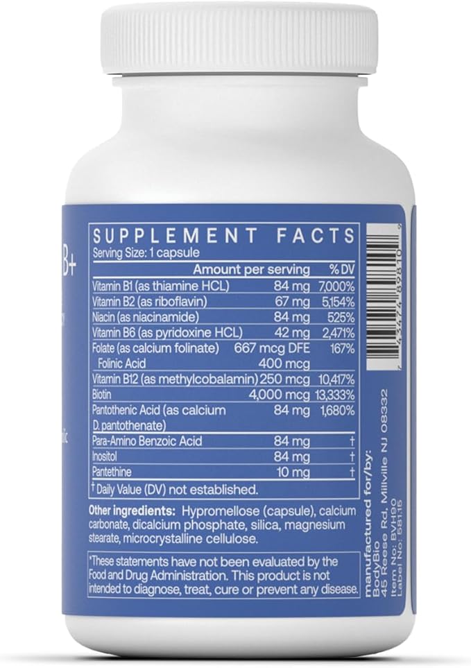 BodyBio - Vitamin B Complex Including B1 B2 B3 B5 B6 Methyl B12 Folinic Acid 5-MTHF and B7 to Supports Alertness Metabolism &amp Immune System 90 Capsules