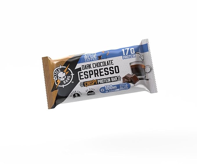 Battle Bars Crispy Protein Bar 17g Protein 100g Caffeine per serving - Gluten Free No Artificial Flavors or Colors - Veteran Founded - Dark Chocolate Espresso (60g) 12 Count