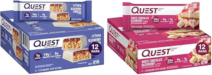 Quest Nutrition Crispy Blueberry Cobbler Hero Protein Bar 16g Protein 1g Sugar 3g &amp White Chocolate Raspberry Protein Bars High Protein Low Carb Gluten Free