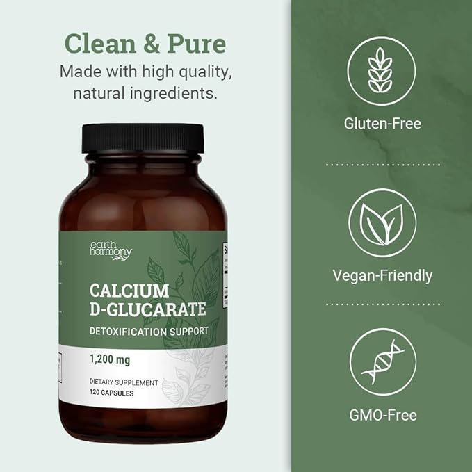 Earth Harmony Calcium D-Glucarate 1200mg - Advanced Detoxification Support &amp Double The Strength of Calcium D Glucarate 500mg - 120 Capsules (2-Month Supply)