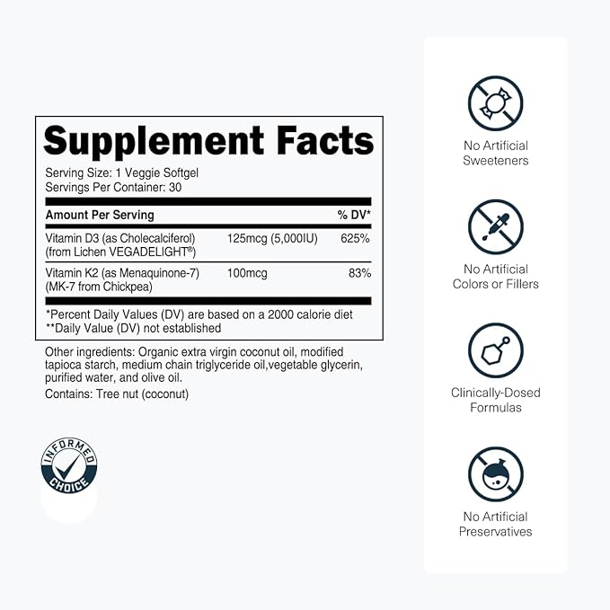 Transparent Labs Vitamin D3 K2 - Vitamin D &amp K2 Vitamin Supplement for Men &amp Women Vegan-Friendly D3K2 5000 IU Supplements to Support Bone Immune and Overall Health - K2 D3 60 Capsules