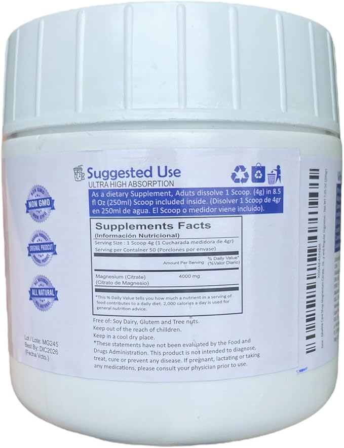 Alkaline Care | Magnesium Citrate Powder Supplement High Absorption Potent Magnesium Supplement - Unflavored |Support Sleep Muscle Bone Health Energy Heart &amp Digestion | Net WT 7.05 OZ (200gr