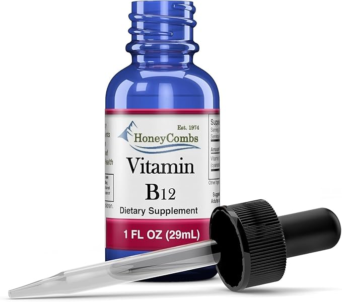 HoneyCombs Vitamin B12 Liquid Drops – B12 Vitamin Supplement for Energy Metabolism Brain Focus &amp Nerve Support – B12 Liquid Drops for Adults and Children Vitamina B12 Sublingual Made in the USA