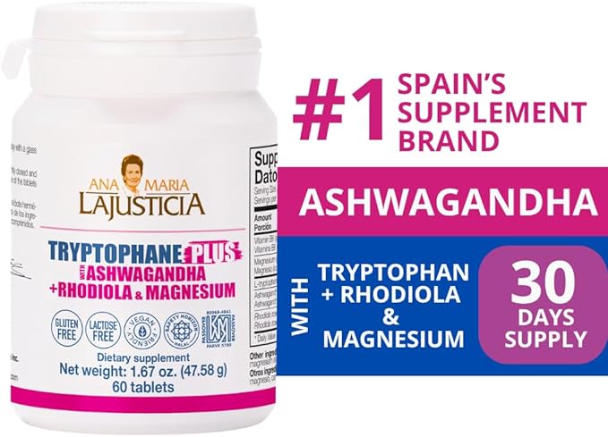 Ana María Lajusticia TRYPTOPHANE Plus ASHWAGANDHA Supplement + RHODIOLA &amp Magnesium 60 TABS Vegan Gluten Free Kosher Halal Lactose Free 600 mg Support Strees Relief Energy and Sleep.