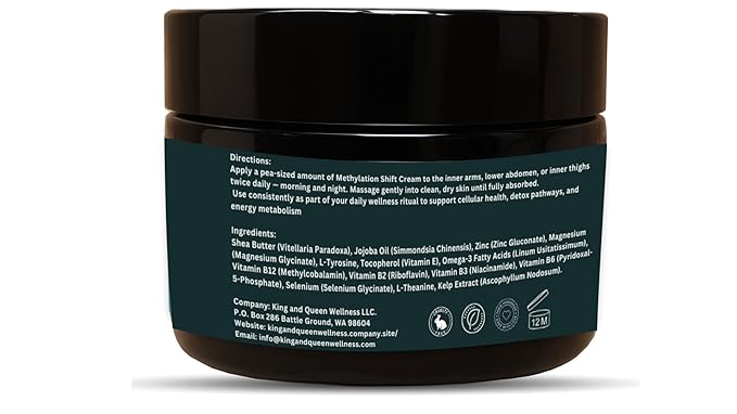 Methylation Support Cream – Vitamin B12 B6 B2 with Zinc Magnesium Tyrosine &amp Selenium | Energy Focus &amp Homocysteine Balance | Methylation Shift 2 oz – King &amp Queen Wellness