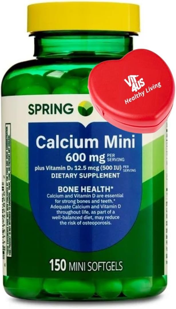 Spring Valley Calcium Plus Vitamin D3 Dietary Supplement 150 Mini Softgels + ViT4 Pill Box.