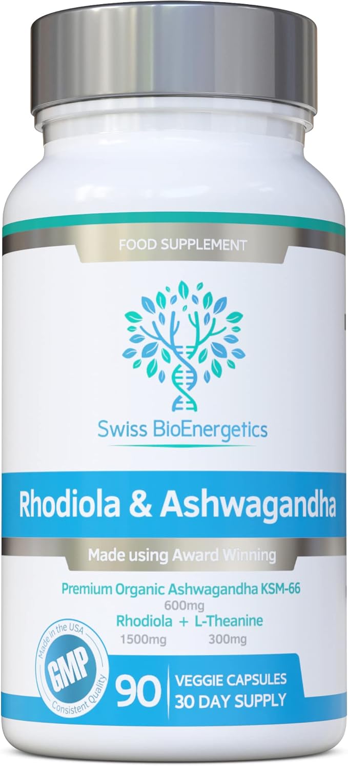 Rhodiola &amp Ashwagandha with L-Theanine - Award Winning Ashwagandha KSM-66 600mg &amp 1500mg Rhodiola (3% Rosavins - 1% Salidrosides) whole root equivalent- adaptogen combo- No artificial fillers