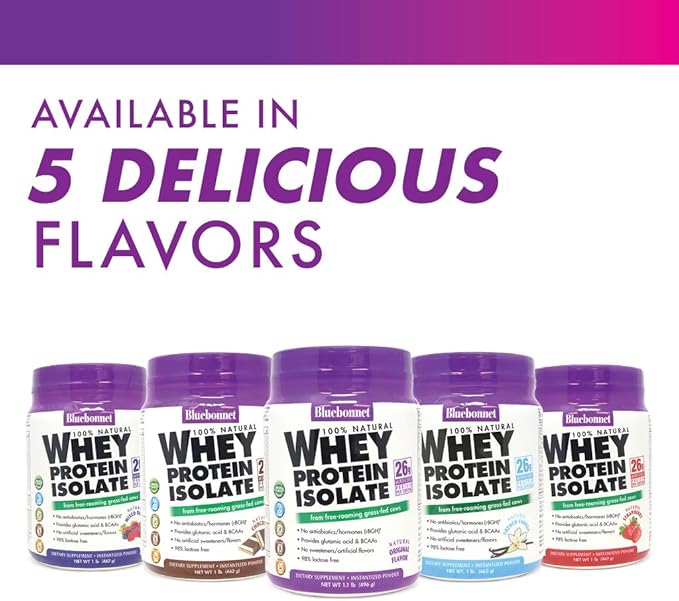 Bluebonnet Nutrition Whey Protein Isolate Powder Whey From Grass Fed Cows 26g of Protein No Sugar Added Gluten Free Soy free kosher Dairy 1 Lb 14 Servings Chocolate Flavor