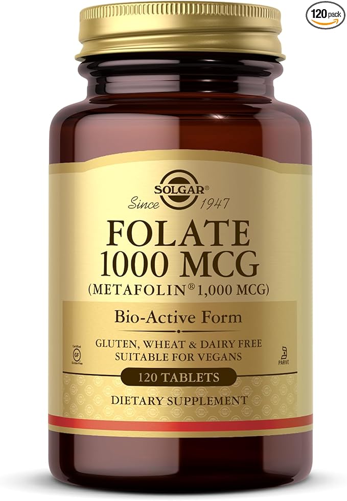 Solgar Folate 1000 mcg - 120 Tablets - 1000 mcg Bio-Active Metafolin - Vegan Gluten Free Dairy Free Kosher - 120 Servings