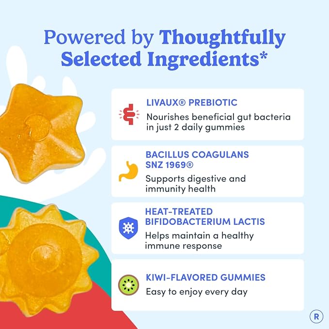 FIRST DAY Toddler Tribiotic Gummies (Ages 2-3) | Kids Probiotic Gummies | 3 in 1 Pre + Pro + Postbiotics for Kids Digestive &amp Immune Health - Kiwi 60 Counts (30 Days Supply)