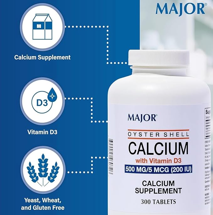 2/Pack Major Oyster Shell 500mg Calcium Tablets Vitamin D3 Bone &amp Muscle Support 300 Tablets for Adults Men &amp Women