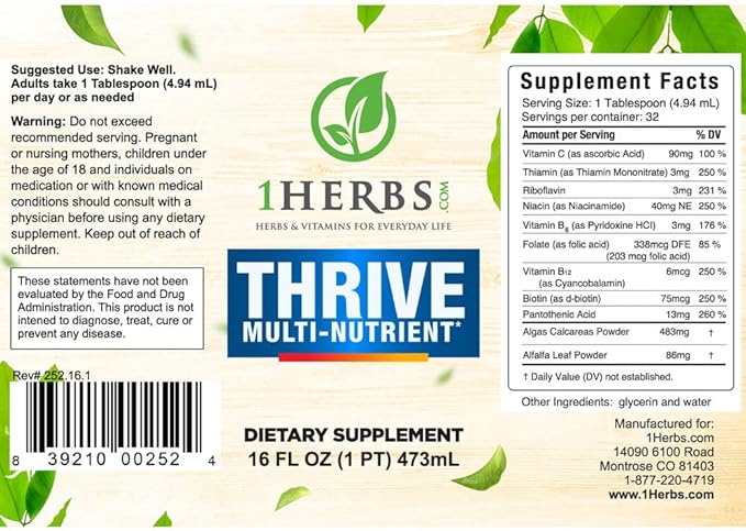 Thrive Liquid Multivitamin Multi Nutrient Supplement – High Potency Vitamin B Complex Liquid Vitamins &amp Minerals – Daily Energy Metabolism Immune Support for Men Women – Alcohol Free 16oz