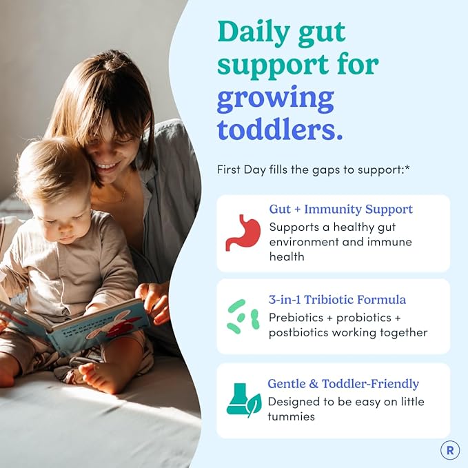 FIRST DAY Toddler Tribiotic Gummies (Ages 2-3) | Kids Probiotic Gummies | 3 in 1 Pre + Pro + Postbiotics for Kids Digestive &amp Immune Health - Kiwi 60 Counts (30 Days Supply)