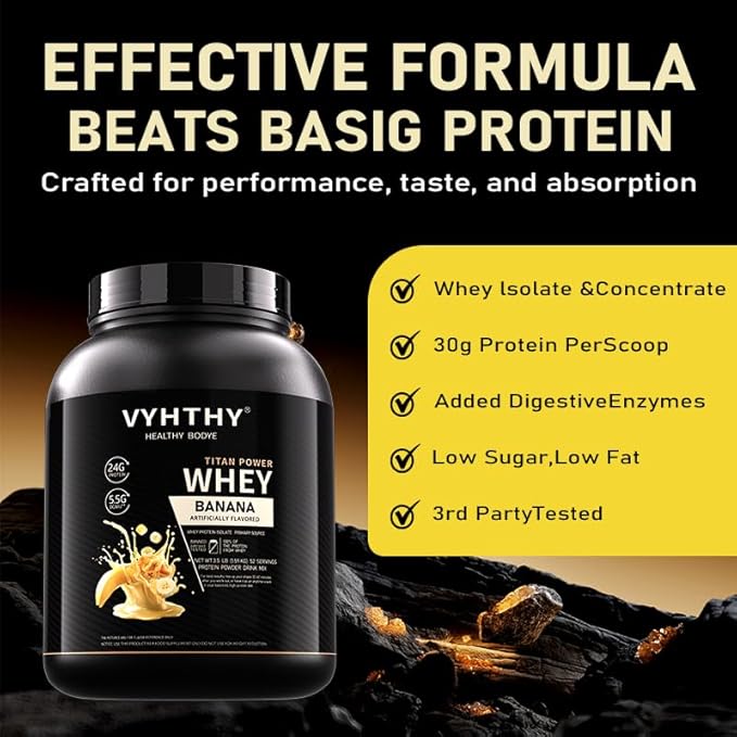 Banana Flavored Whey Protein Powder24g Protein per Serving Fast-Absorbing Concentrated whey Protein Low Sugar Gluten-Free Natural Flavor 3.5lbs(56oz)