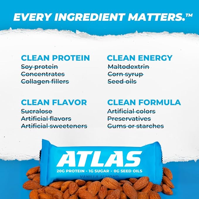 Atlas Bar – 20g Protein 1g Sugar 0g Seed Oils 0g Sugar Alcohols (Variety Pack 12 Count) (24 Count Variet)