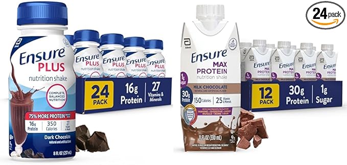 Ensure Plus Nutrition Shake 24 Count With 16 Grams of Protein Meal Replacement &amp Max Protein Milk Chocolate Nutrition Shake 30g Protein 1g Sugar 4g Comfort Fiber